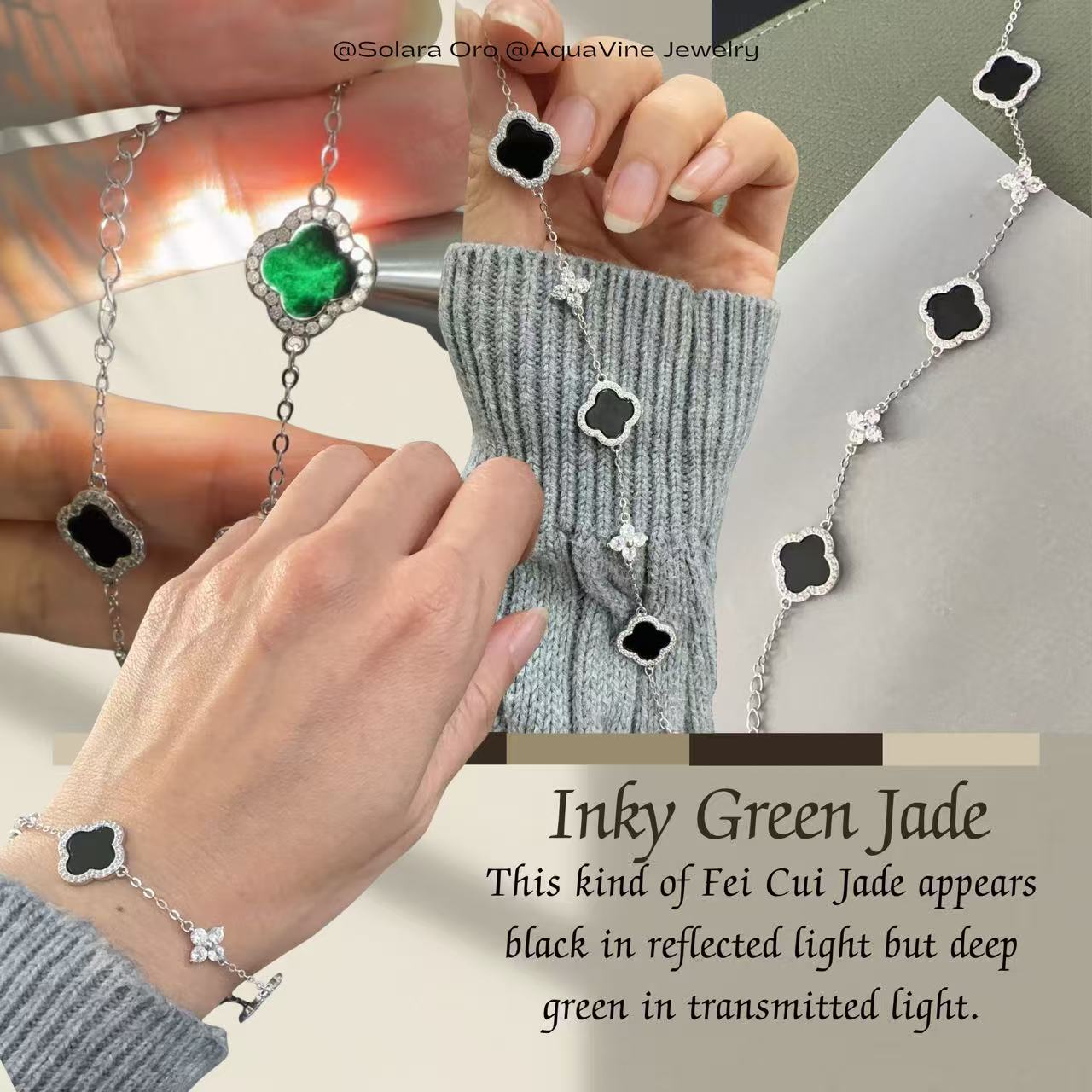 Jewelry with black and green stones held by a hand, with text about Fei Cui Jade.
