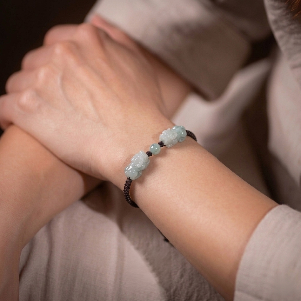 Close-up of a wrist wearing a bracelet with light blue beads.