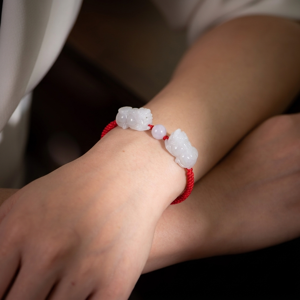 Bracelet with white stones and red cord on a wrist