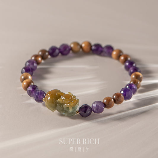 Multicolored beaded bracelet with a decorative clasp on a neutral background