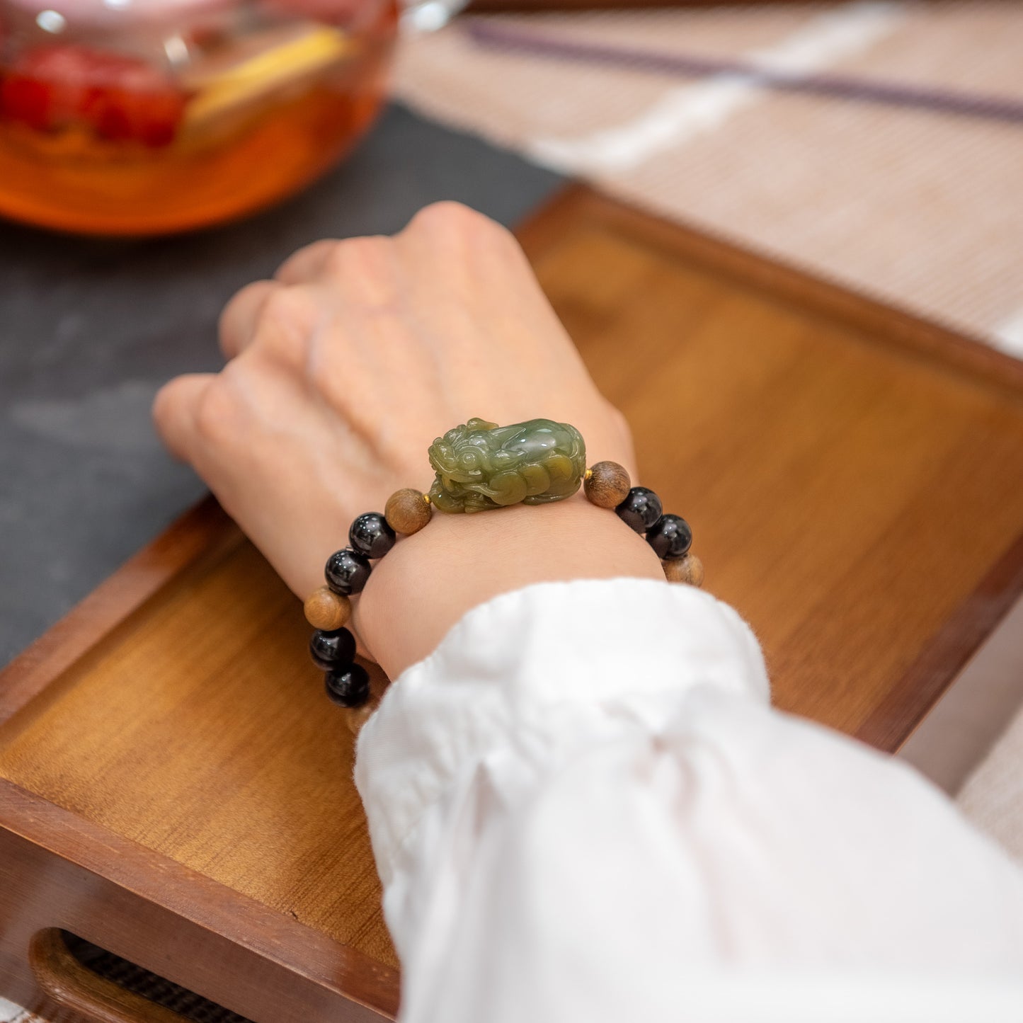 Pixiu · Olive Jade & Obsidian Bracelet