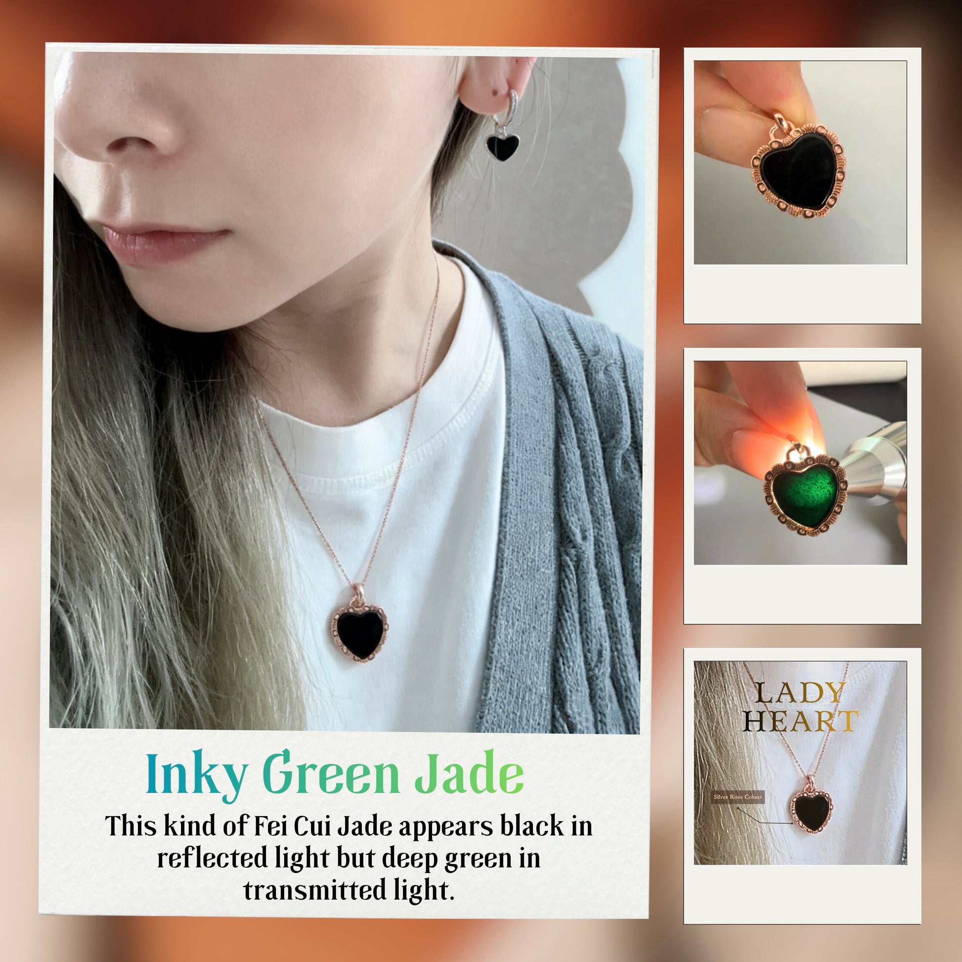 Heart-shaped jewelry with green and black stones, including necklace and earrings, on a neutral background.