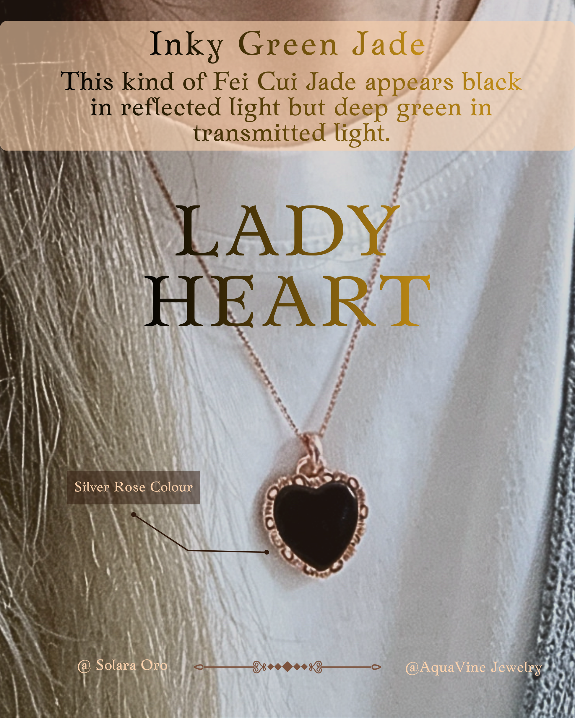Heart-shaped pendant with 'Lady Heart' text and description of inky green jade color.