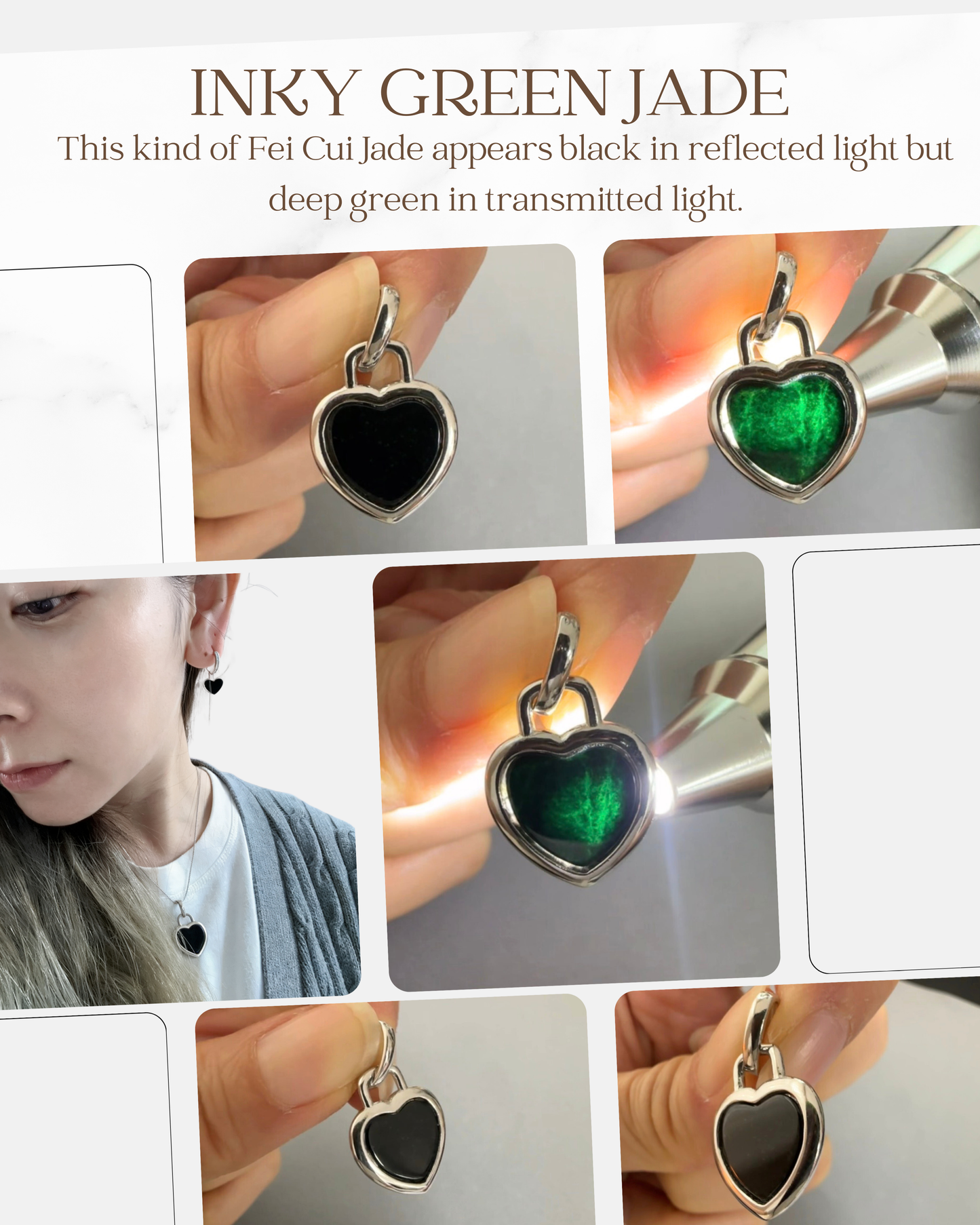 Heart-shaped jade pendant with black and green inky color, held by a person and worn as an earring.
