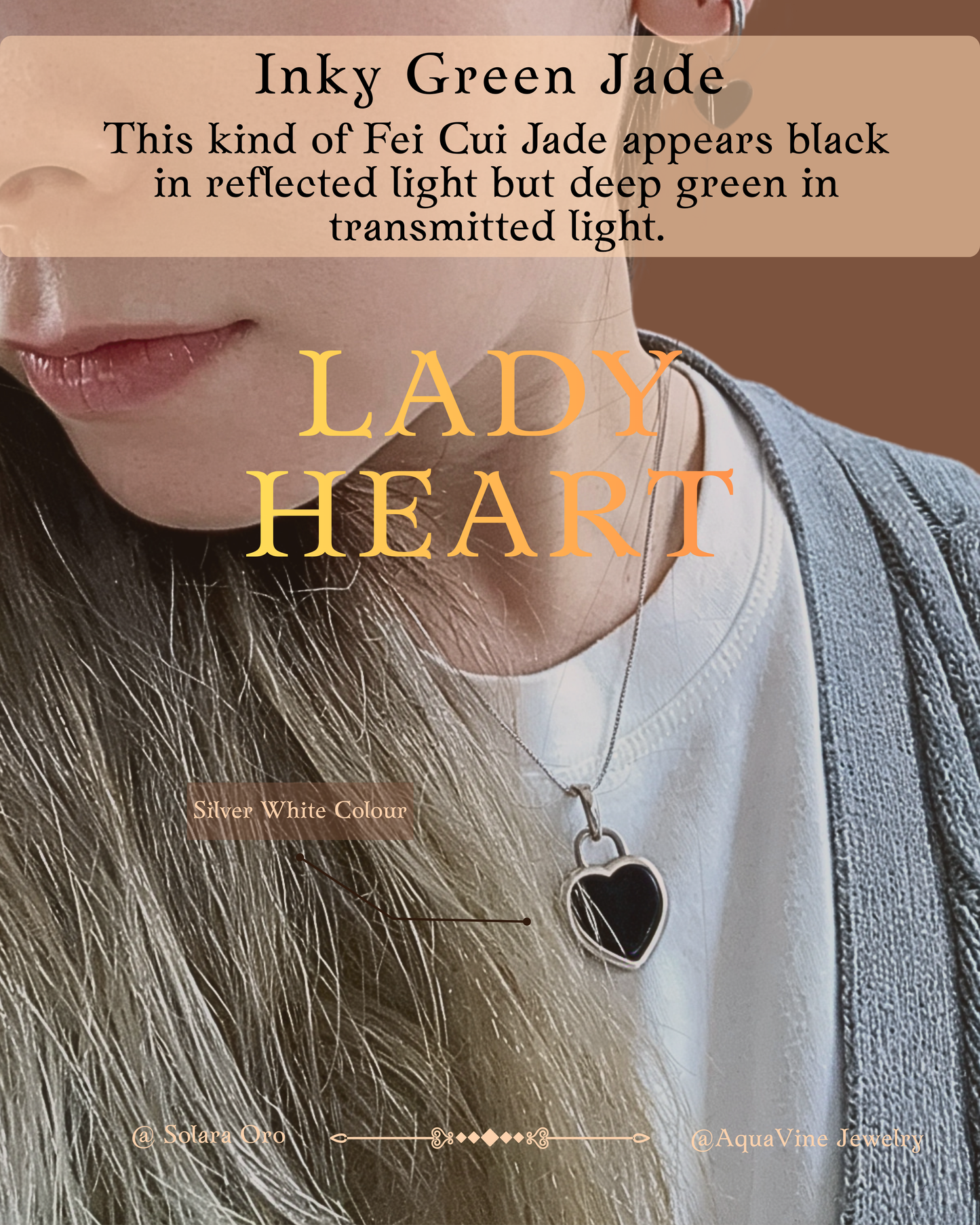 Person wearing a necklace with a heart pendant, text about 'Inky Green Jade' and 'Lady Heart' brand.