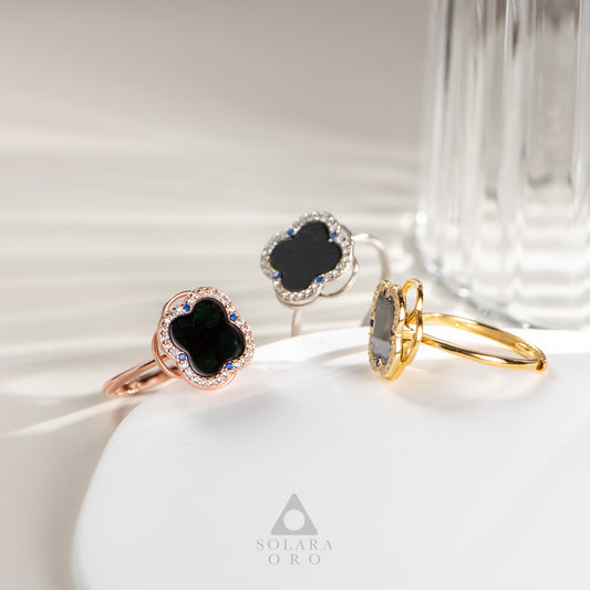 Four Leaf Clover Omphacite Jadeite Ring | Adjustable S925 Silver Intentional Jewelry