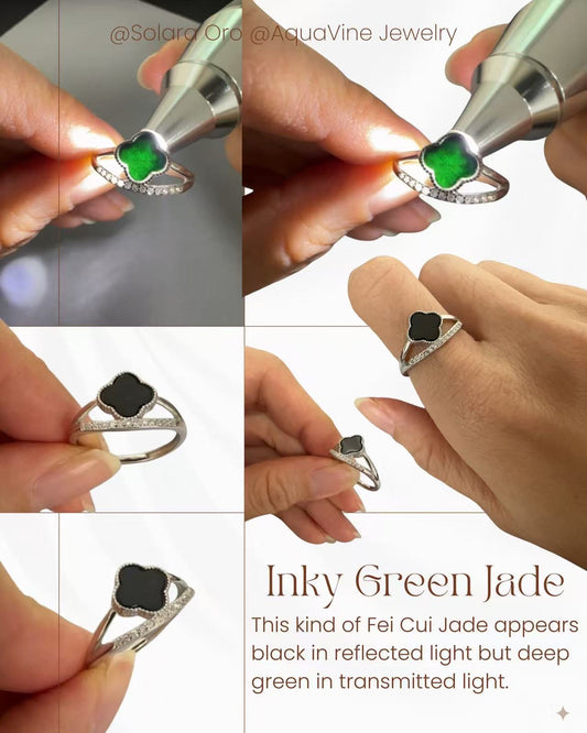 Collage of a ring with green and black stones held by hands, highlighting color variations.