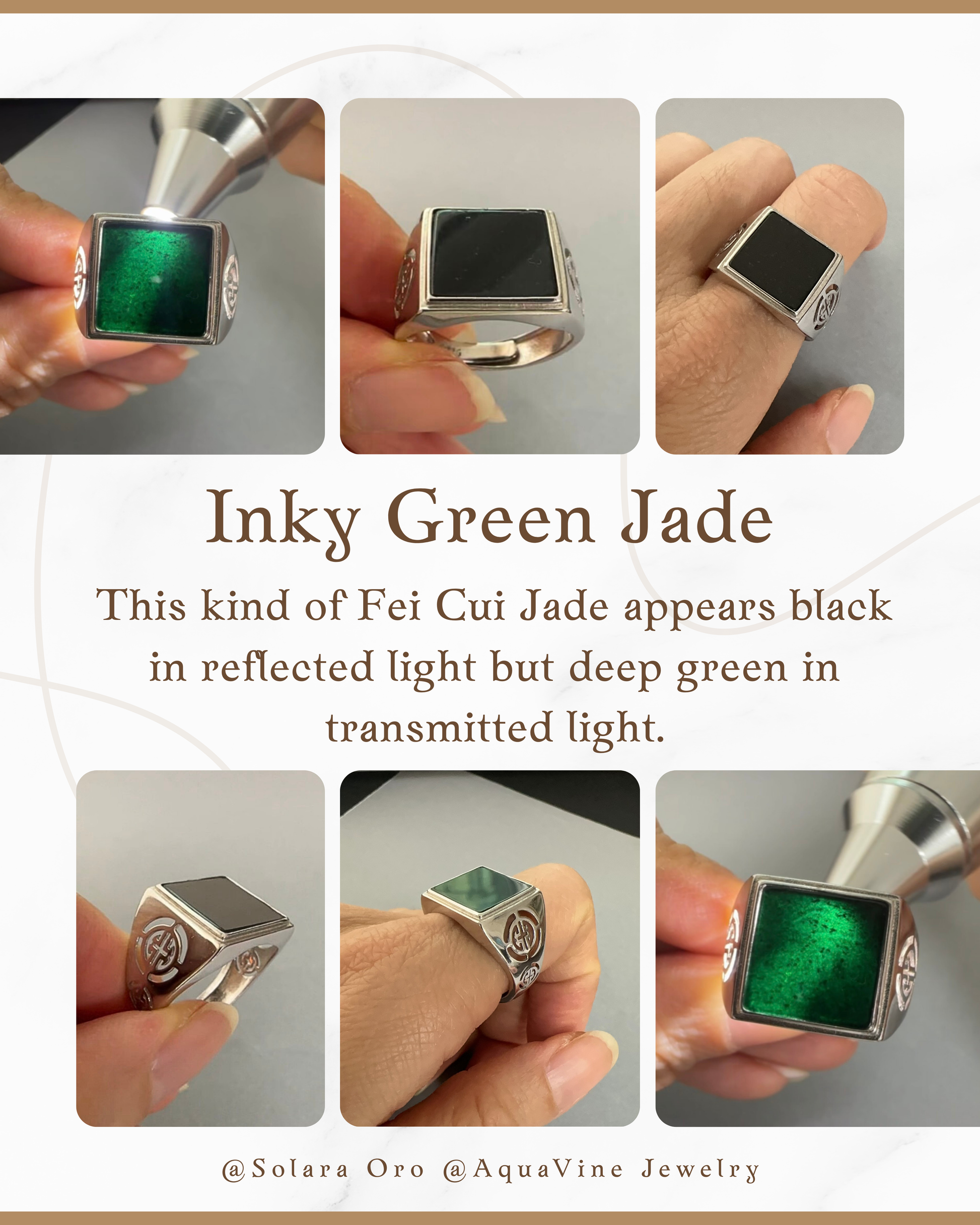 Inky Green Jade ring held by hands with text explaining its appearance.