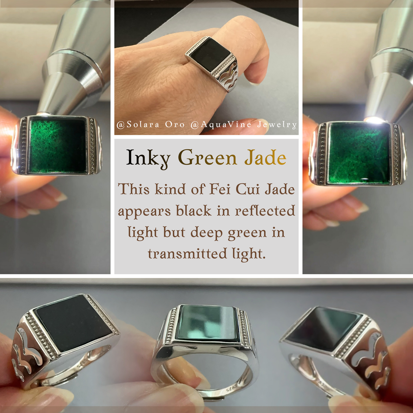 Collage of a jade ring with green and black inlays, held by hands against a neutral background.