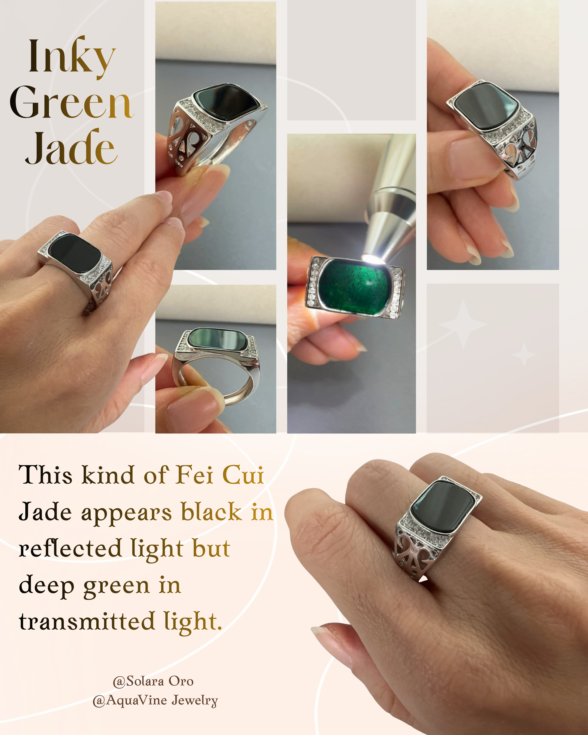 Jade ring with silver band displayed on a hand, shown under different lighting conditions.
