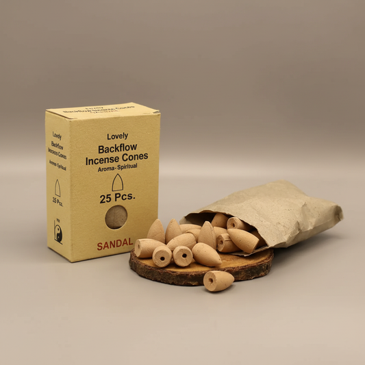 Backflow incense cones with packaging on a neutral background