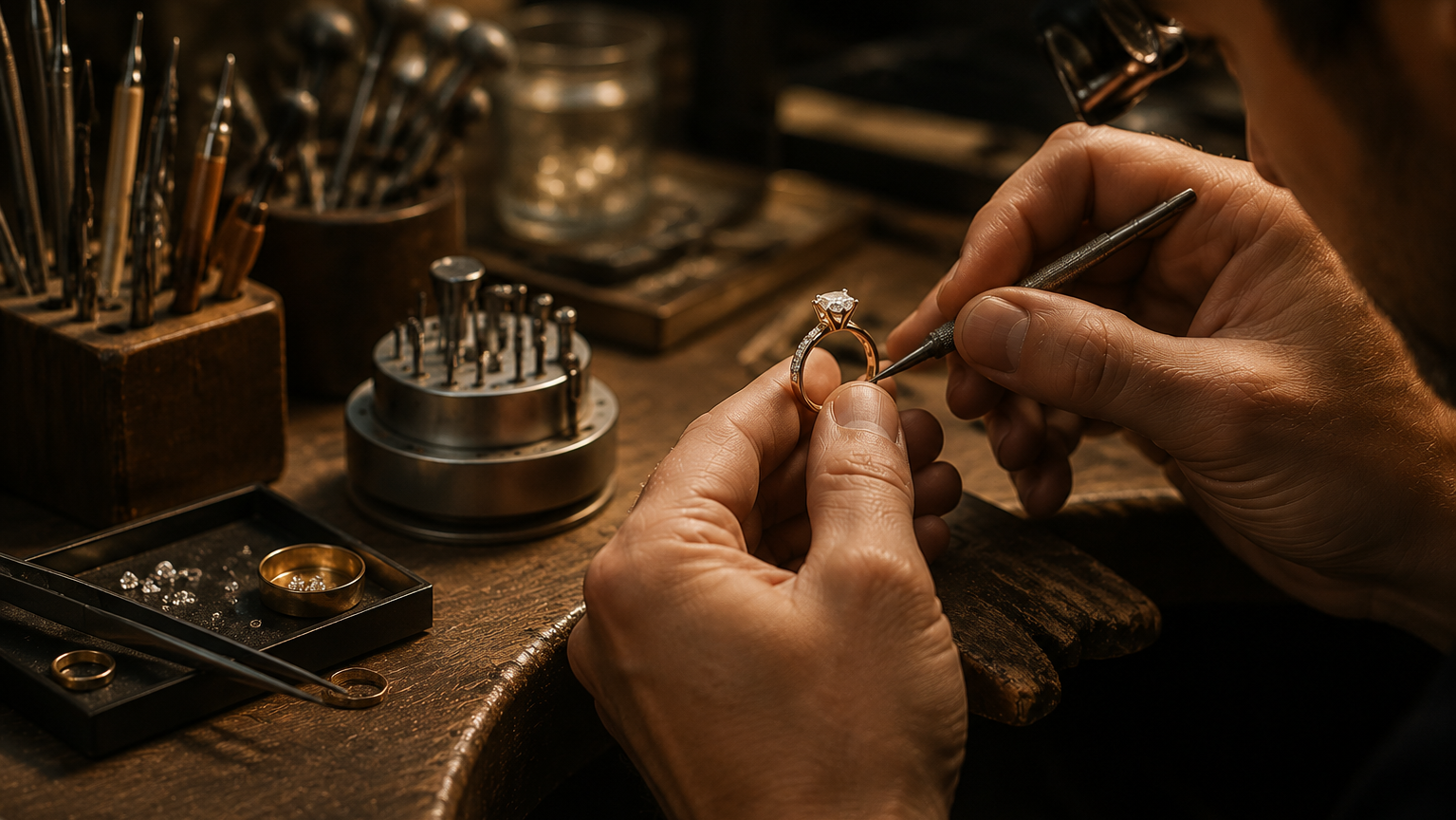 Jeweler working on a ring with tools and materials in the background