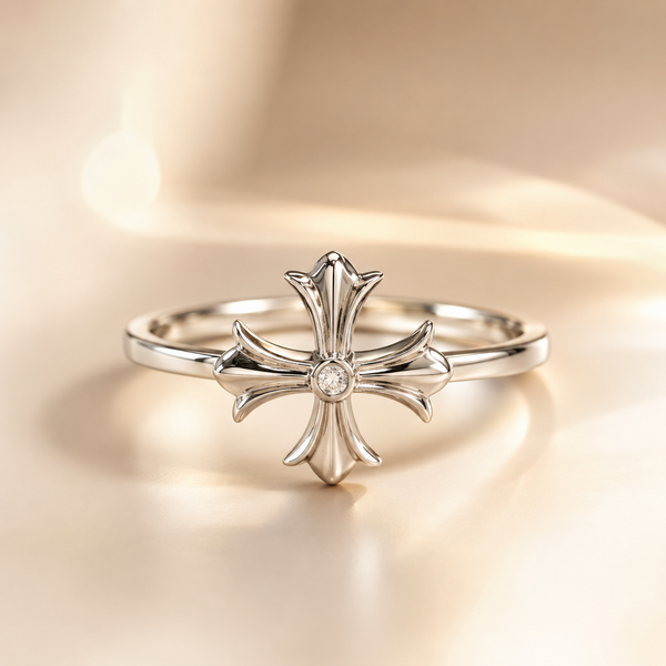 The Celestial Bond ring, a white gold fleur-de-lis cross design set with a single round diamond, photographed alone on a soft beige background.