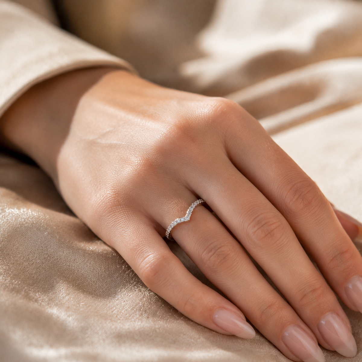 Kairos pavé diamond chevron band ring, white gold — detail view