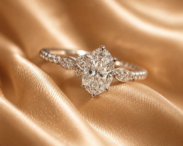 The Classic Oval lab-grown diamond ring displayed on champagne satin fabric, front hero view with sparkling reflections.