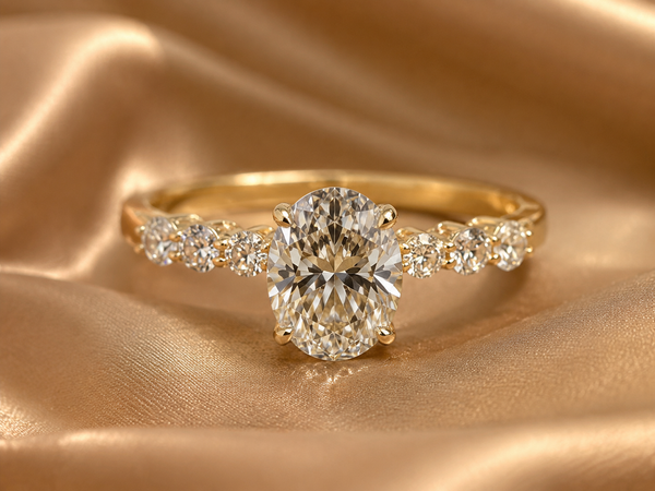 A yellow gold engagement ring featuring a large oval-cut center diamond and smaller round diamonds along the band, displayed on a draped champagne satin fabric.