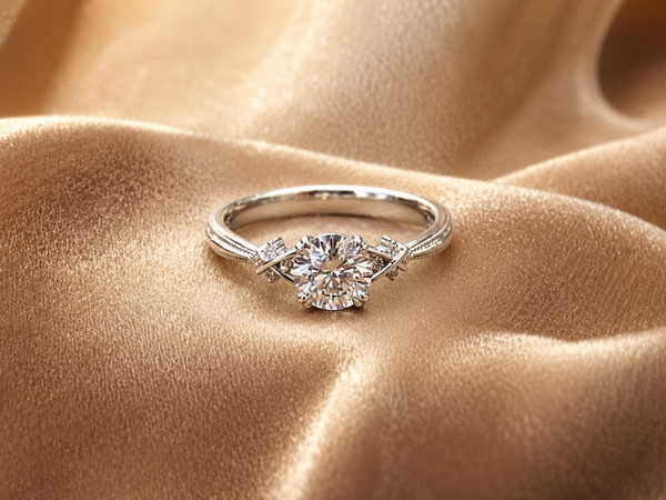 The Rare Radiance round diamond ring with crossover shoulders and milgrain band, displayed on champagne velvet.