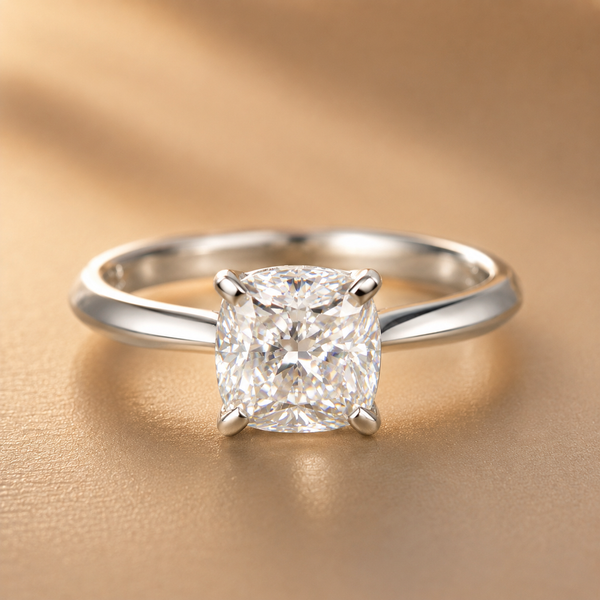 The Timeless Bond ring, a cushion-cut diamond solitaire in a four-prong setting, on a warm tan background