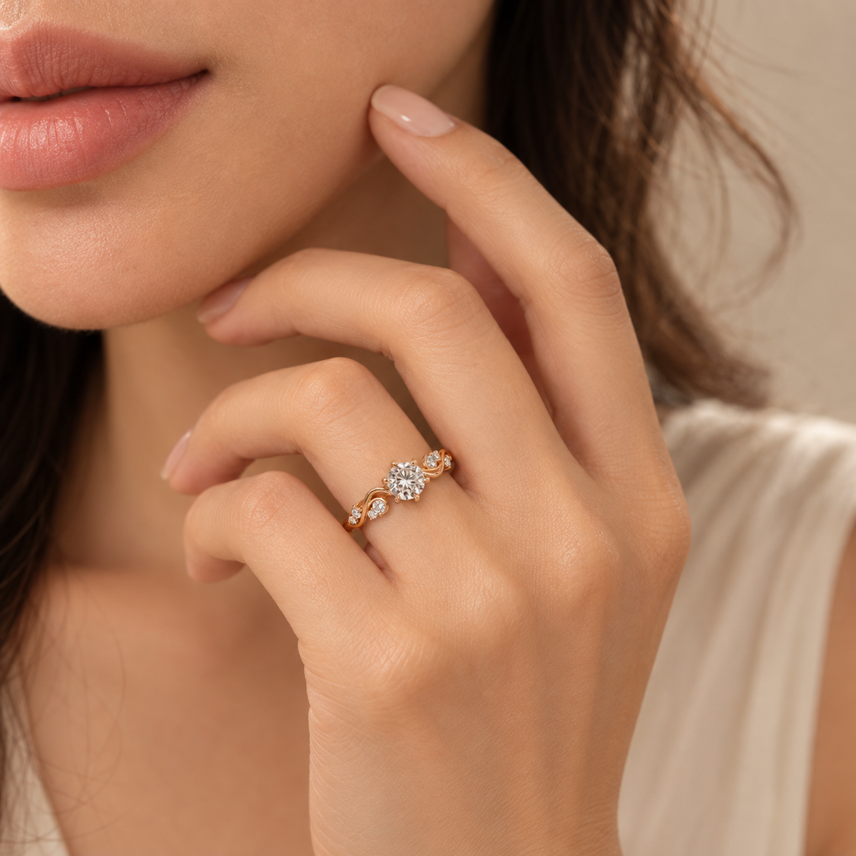 Majesté de Nuit lab-grown diamond ring worn on finger near chin, round cut diamond with pavé accents in a rose gold vine setting