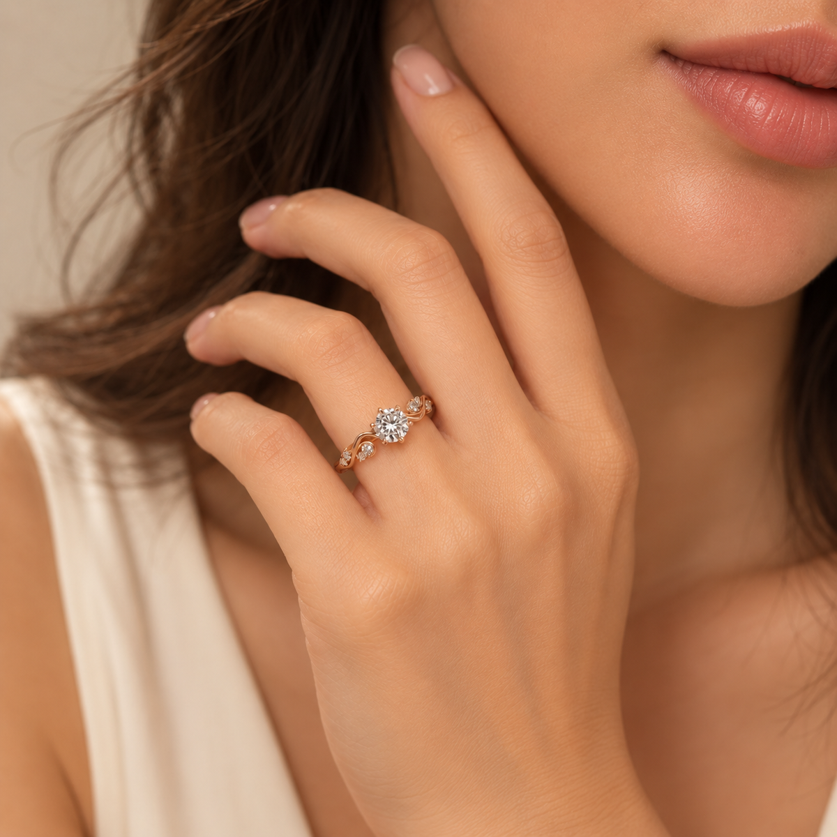 Close-up of Majesté de Nuit diamond ring on hand, showing the round lab-grown diamond and swirling pavé rose gold band