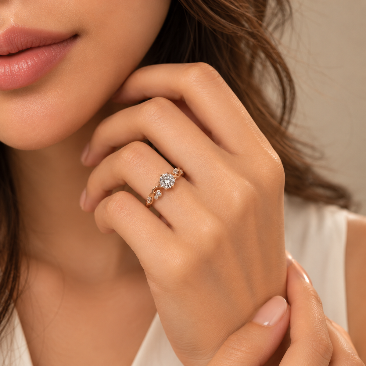 Majesté de Nuit engagement ring worn on finger, angled view showing the diamond halo and rose gold vine detailing
