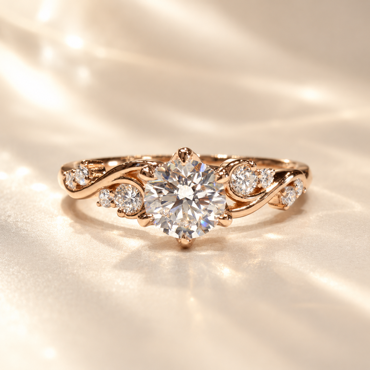 Majesté de Nuit lab-grown diamond ring on ivory satin fabric with soft golden light