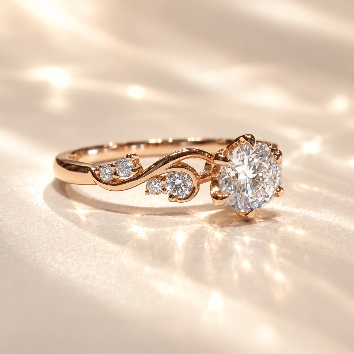 Angled view of Majesté de Nuit diamond ring on satin fabric, showing pavé accent stones along the rose gold band