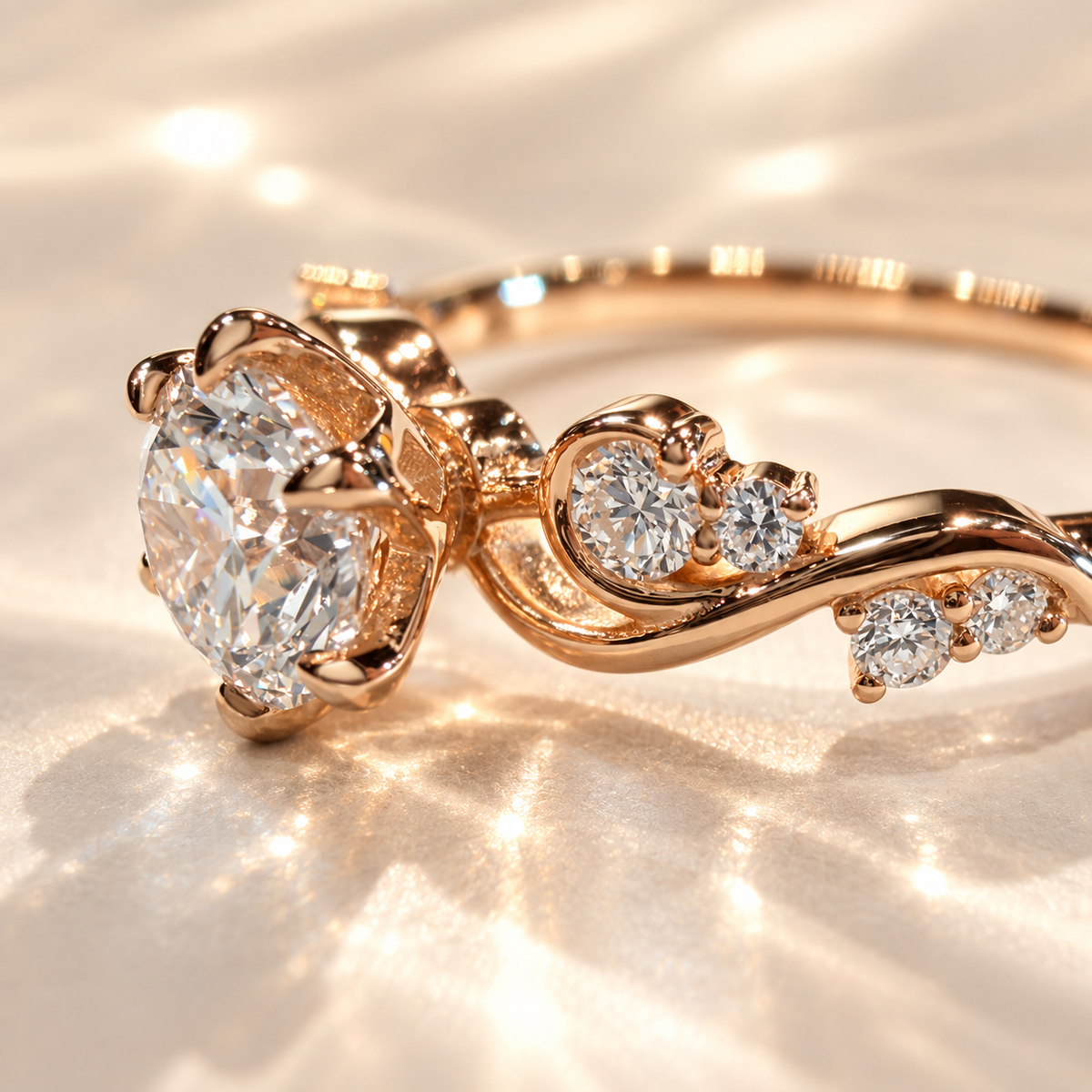 Macro shot of Majesté de Nuit ring gallery, showing the diamond prongs and hidden accent stone in the rose gold setting