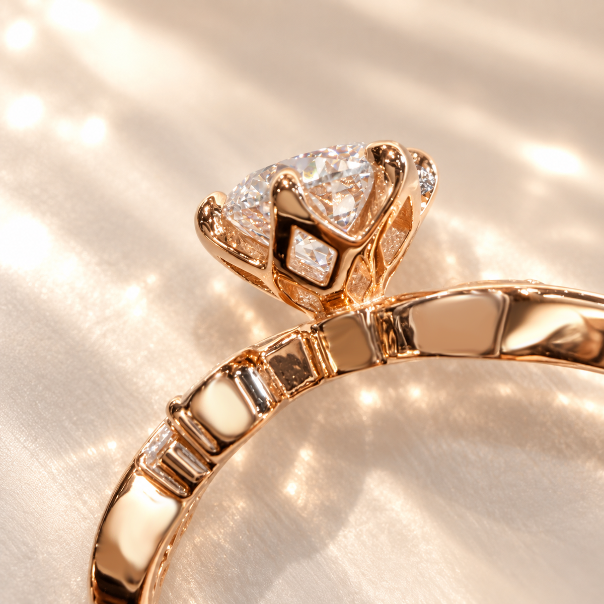 Majesté de Nuit diamond ring in dramatic light, showcasing the round lab-grown diamond and swirling pavé band
