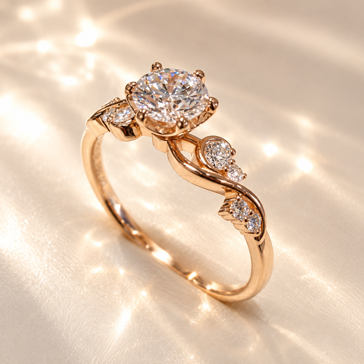 Macro close-up of Majesté de Nuit ring setting, showing diamond prongs, hidden halo stone, and pavé side stones in rose gold