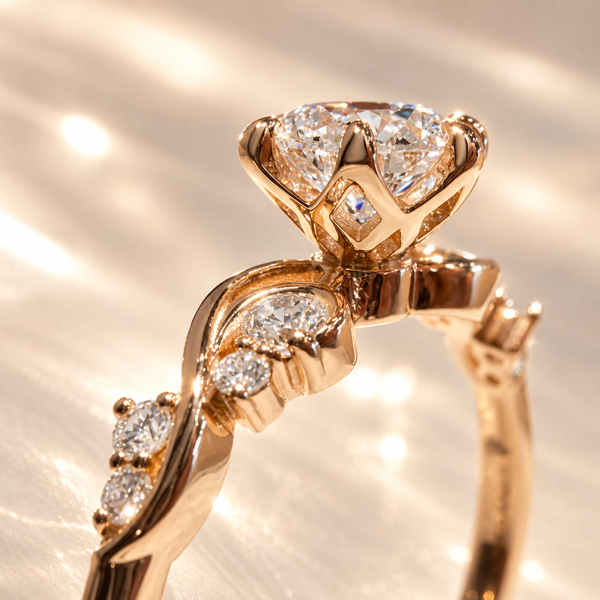 Detailed macro view of Majesté de Nuit diamond ring crown and gallery, highlighting the craftsmanship of the rose gold setting