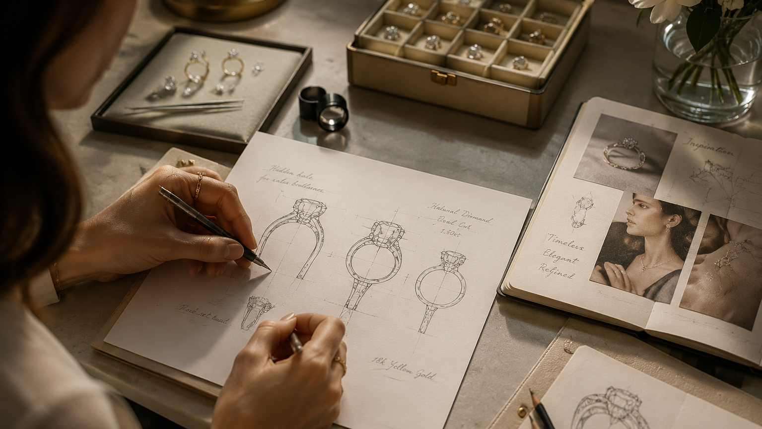 Person drawing ring designs on paper with jewelry and sketches in the background