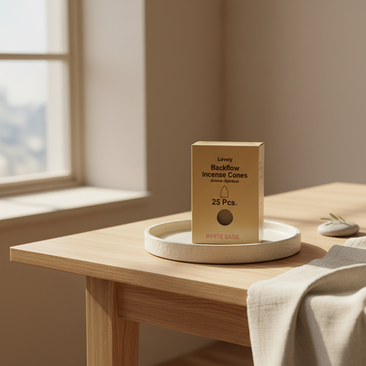 Box of Lovely Backflow Incense Cones on a wooden table with a window in the background