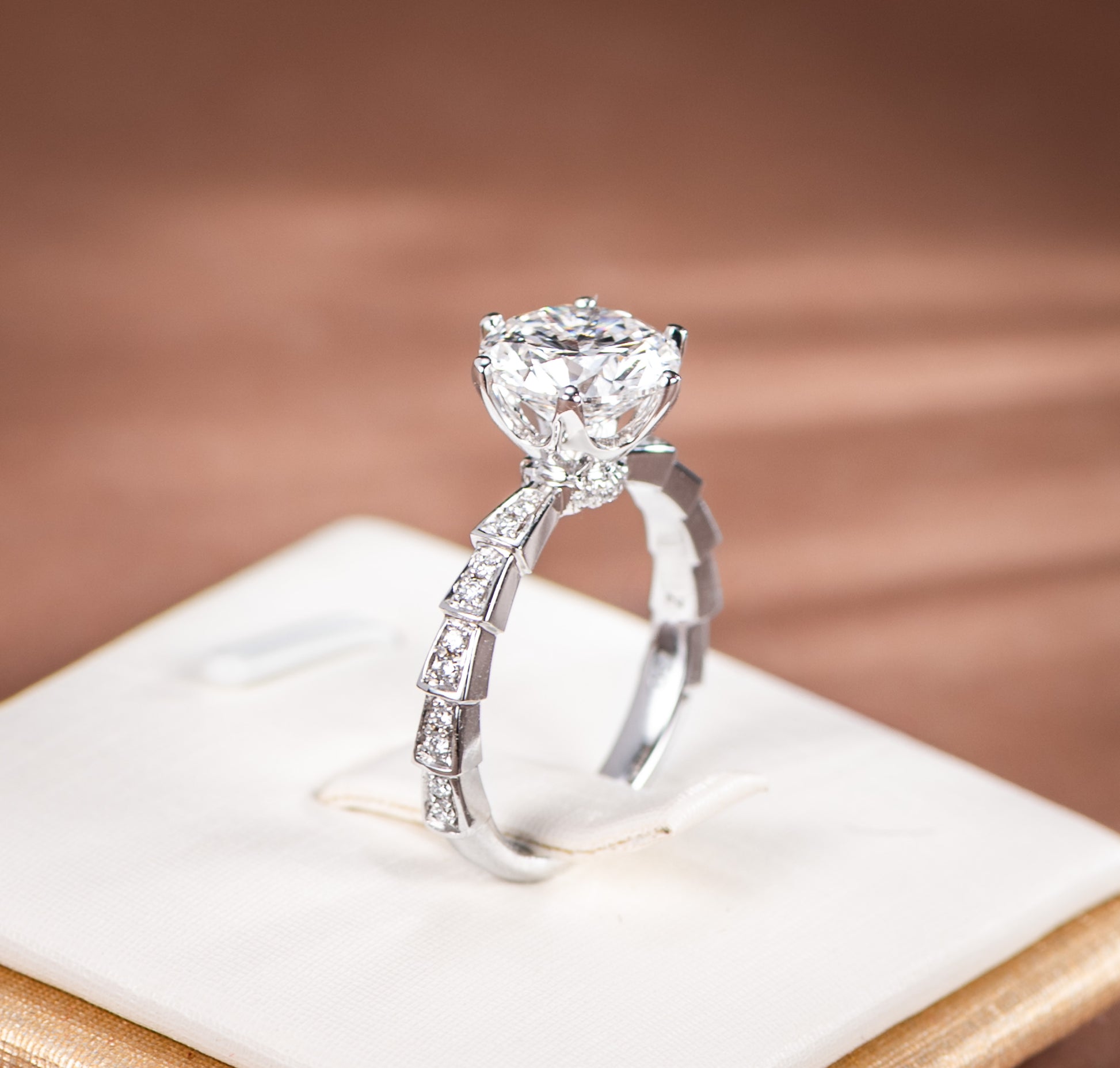 Silver ring with a large diamond and smaller diamonds on the band, set against a soft brown background.