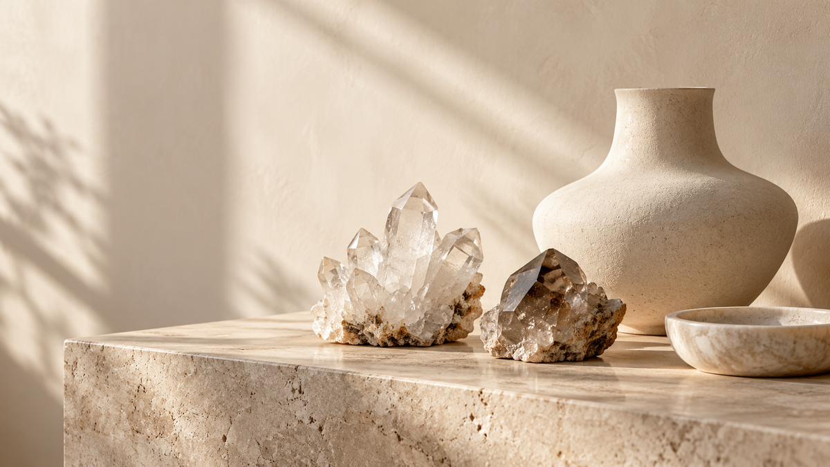 Illustrative quartz crystals and ivory ceramics in soft natural light
